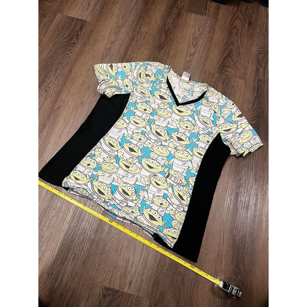 Disney Pixar Toy Story Aliens Scrub Top Womens XL V-Neck Black Side Panels